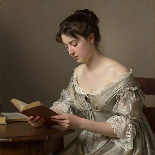 Photorealistic painting of a young woman with fair skin and dark hair, wearing an off-shoulder lace-trimmed dress, reading a book