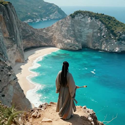 Photograph of a woman in a long, flowing gray robe with black hair, standing on a cliff overlooking a turquoise beach and rocky coastline under a bright