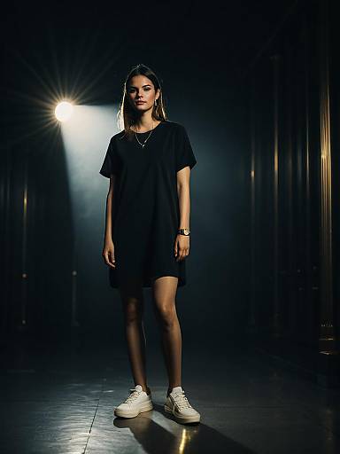 Woman in Minimalist Black Tunic Dress