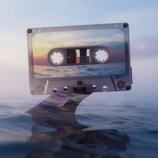 Digital artwork of a cassette tape floating on calm water, reflecting a sunset sky with clouds. The tape's reflection distorts in the water.