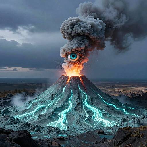 Photorealistic digital art of a volcanic eruption with glowing blue lava streams, a single eye in the smoke, and an orange fire at the summit,