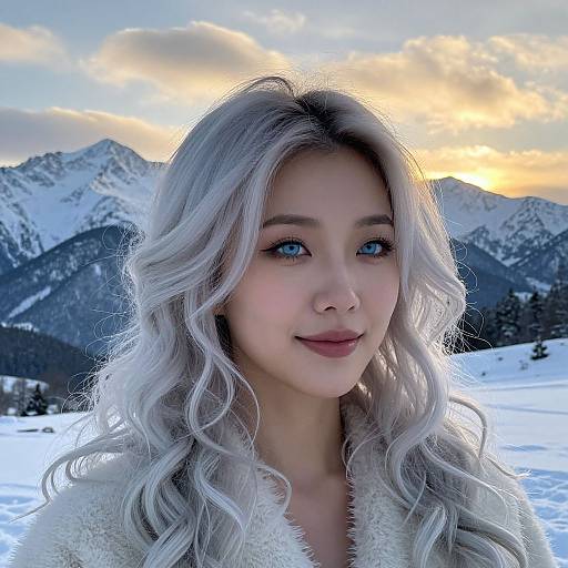 Photograph of a young Asian woman with long, wavy silver hair, blue eyes, and fair skin, smiling in a snowy mountain landscape at sunset