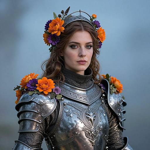 Photograph of a fair-skinned woman with wavy brown hair, wearing ornate silver armor adorned with orange and purple flowers, against a blue background
