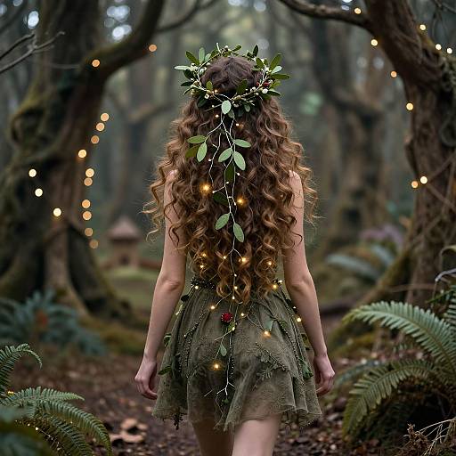 Enchanting Woman in Fairy-Lit Forest