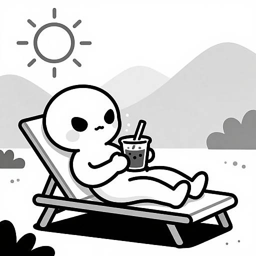 Black-and-white cartoon of a round-headed, faceless character lounging on a chair, drinking a bubble tea with a straw, under a sun in