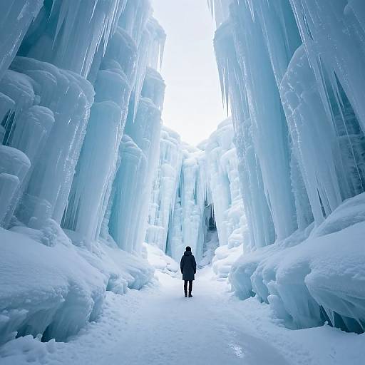Photograph of a lone person in a winter coat standing in a narrow, towering ice cave with icy blue walls and bright white light at the top.