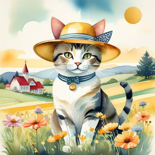 Whimsical Cat in a Country Meadow
