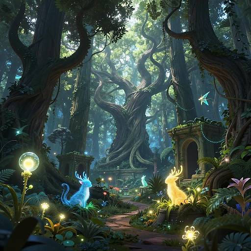 Fantastical forest scene: enchanted glowing fireflies, magical blue and yellow flames, twisted ancient tree, ancient stone arch, lush greenery, moon