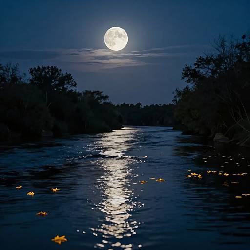 Photograph of a serene night landscape with a full moon shining brightly over a reflective, dark blue river, surrounded by silhouetted trees, and