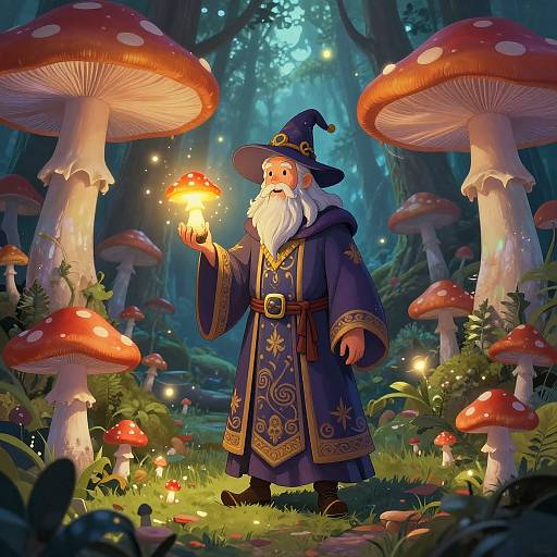 Digital fantasy illustration of a wizard with a white beard, blue robe, and hat, holding a glowing mushroom in a magical forest filled with giant red and