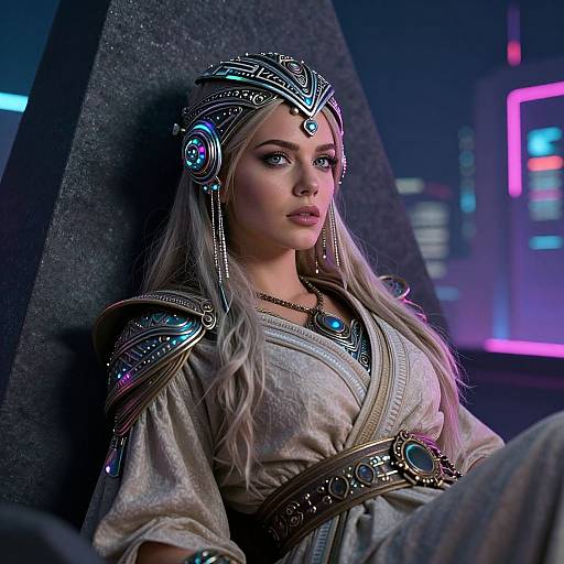 CGI image of a blonde woman with long hair and glowing headpiece, wearing a glowing armored robe, seated against a dark, neon-lit futuristic