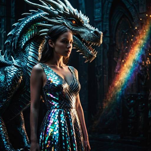 Woman in Shimmering Dress with Dragon in Fantasy Setting