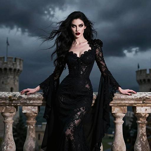 Elegant Female Vampire on Castle Balcony