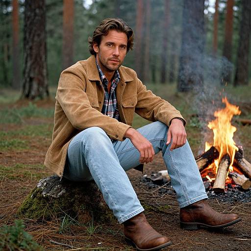 Photograph of a man with wavy brown hair, beard, and light skin, sitting by a campfire in a forest, wearing a beige jacket