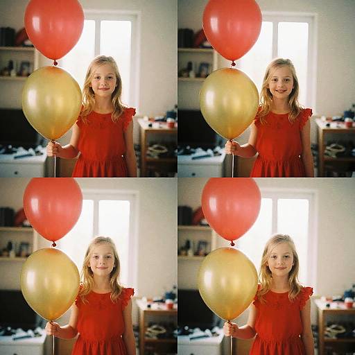 Photograph of a smiling young blonde girl in a red dress holding red and gold balloons, standing in a bright, cluttered room. Four-panel collage