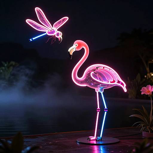 Neon sign of pink flamingo and blue dragonfly with glowing accents, standing by a dark, misty lake at night.
