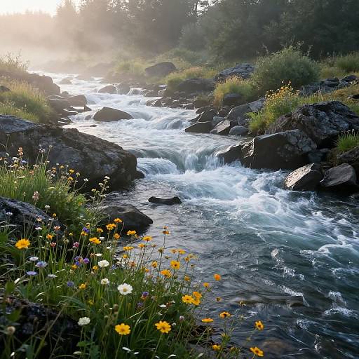 Misty River with Wildflowers at Dawn