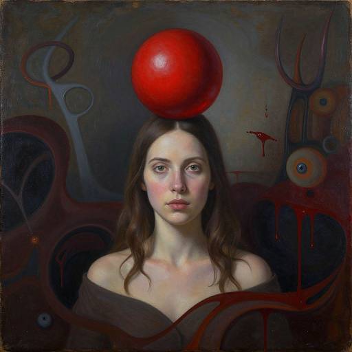 Digital painting of a pale-skinned woman with brown hair, red ball on head, dark abstract background with red and black swirls.