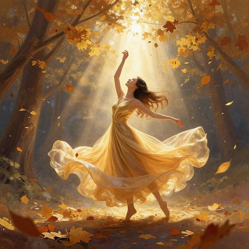 Digital painting of a woman in a flowing yellow dress, dancing in a sunlit autumn forest, with leaves falling around her.