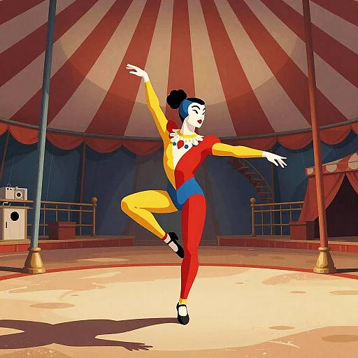 Digital art of a ballet dancer in a red and yellow leotard, blue bottoms, black bun, under a circus tent, striking a graceful pose