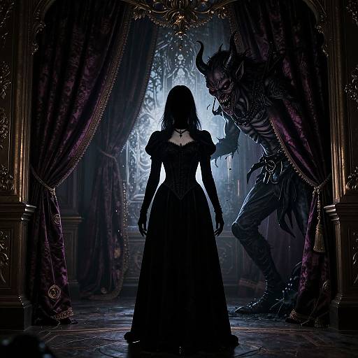 Dark fantasy illustration: Silhouetted woman in gothic dress faces menacing, horned demon with skeletal features in ornate, dimly lit room