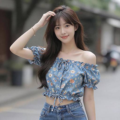 Charming Girl in Floral Blue Outfit