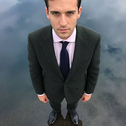 Photograph of a serious, fair-skinned man with dark hair, wearing a black suit, white shirt, and blue tie, standing on a wet