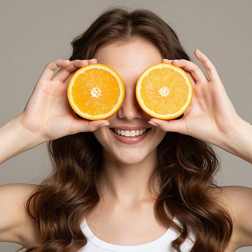 Photograph of a smiling woman with long brown wavy hair, wearing a white tank top, holding two orange halves over her eyes.