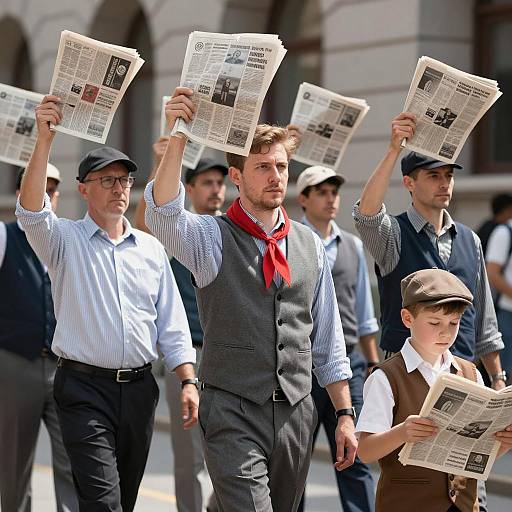 Group of Men and Boy Marching with Newspapers
