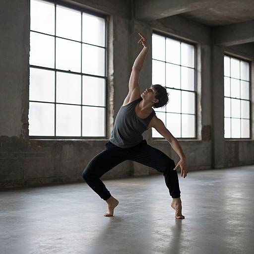 Photograph of a muscular, dark-haired man in a gray tank top and black pants, barefoot, performing a dynamic dance pose in a spacious,