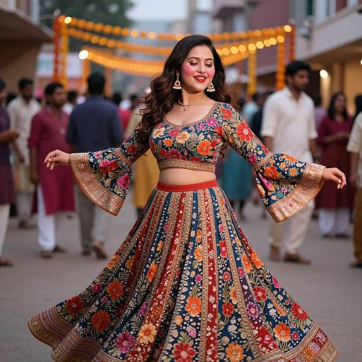 Photograph of a smiling South Asian woman in colorful, floral embroidered traditional attire, dancing in a bustling, string-lit street festival.