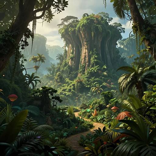 Digital artwork of a lush, vibrant jungle with towering, tree-covered cliffs, dense foliage, colorful mushrooms, and a misty, sunlit background.