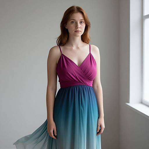Photograph of a fair-skinned, red-haired woman wearing a purple and blue, V-neck, sleeveless dress, standing in a sunlit,