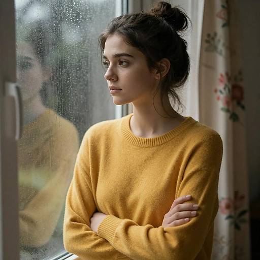 Pensive Young Woman by Rainy Window