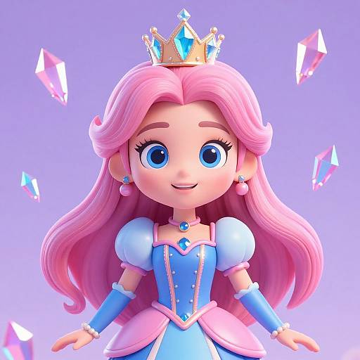 Digital 3D illustration of a cute princess with pink hair, blue eyes, blue and pink dress, golden crown, and floating crystals.
