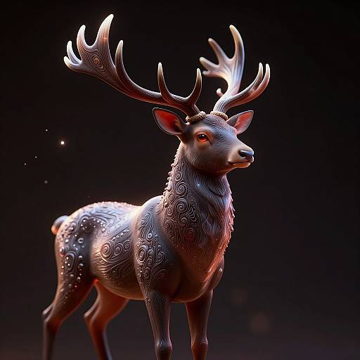 CGI digital rendering of a majestic, intricately patterned stag with large, glowing antlers, standing proudly against a dark, illuminated background.