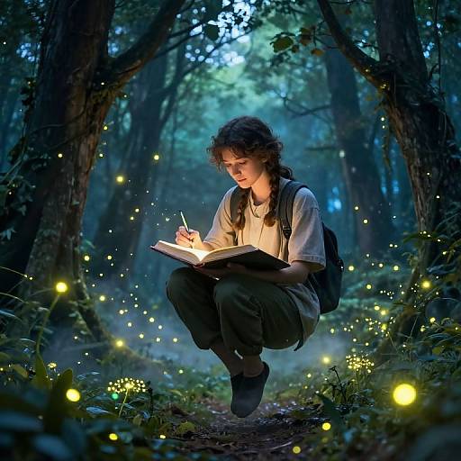 Photograph of a curly-haired young woman in a forest, squatting, writing in a notebook, surrounded by glowing fireflies, wearing a white shirt