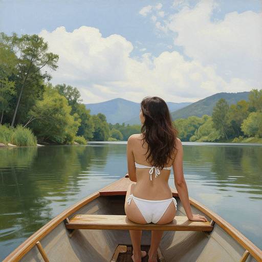 Photograph of a woman with long, wavy brown hair in a white bikini, sitting in a wooden canoe, facing a calm, reflective lake surrounded