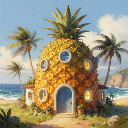 Whimsical digital illustration of a pineapple-shaped house with round windows, blue door, and palm trees on a sunny beach.