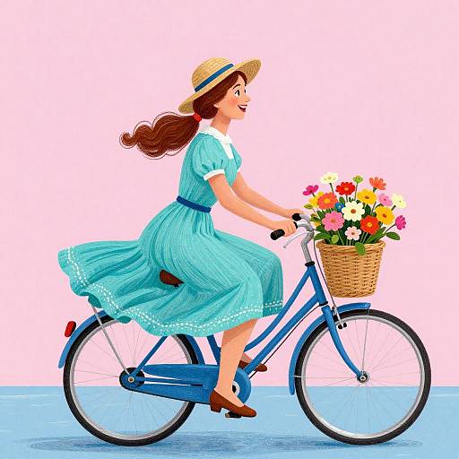 Colorful illustration of a smiling woman with brown hair in a blue dress and straw hat, riding a blue bicycle with a flower basket, against a white