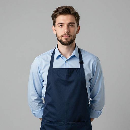 Photograph of a handsome Caucasian man with short brown hair and beard, wearing a light blue shirt and dark blue apron, standing against a plain light