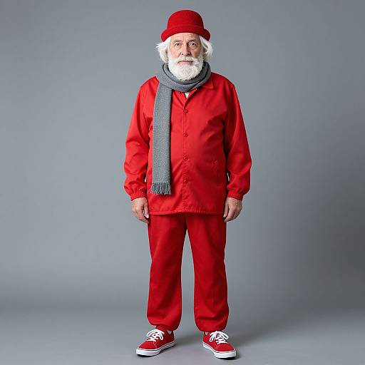 Photograph of an elderly white man with a white beard, wearing a red outfit, gray scarf, red hat, and red sneakers, standing against a