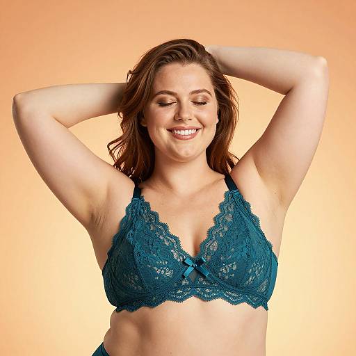 Joyful Plus-Sized Woman in Teal Bra