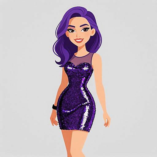 Digital illustration of a smiling woman with purple hair, wearing a shiny purple sequin dress, standing against a white background.