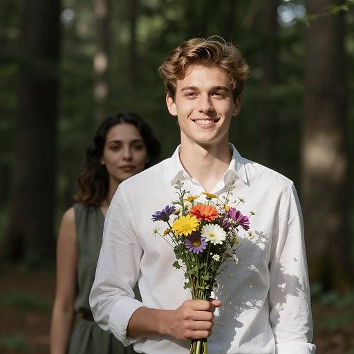 Smiling Man with Bouquet in Forest