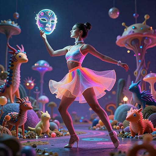 Photograph of a dancer in a glowing pink and white outfit, holding a neon mask, surrounded by colorful, whimsical creatures in a vibrant, futuristic