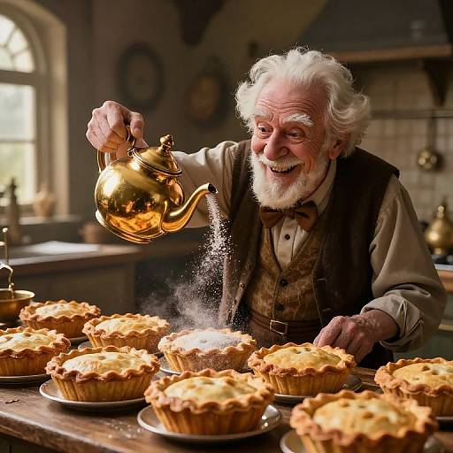 Photograph of an elderly white man with white hair and beard, smiling, pouring steaming water from a gold teapot over numerous apple crumble muff