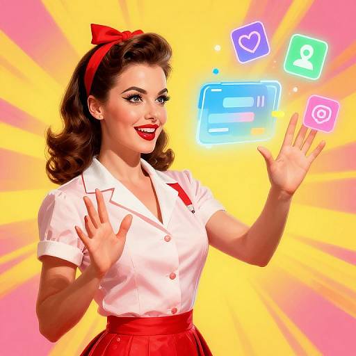 Vintage-style illustration of a smiling woman with red bow, white blouse, red skirt, and glowing app icons floating above her hand. Bright yellow and pink