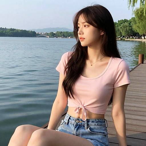 Relaxed Woman at Lakeside Pier