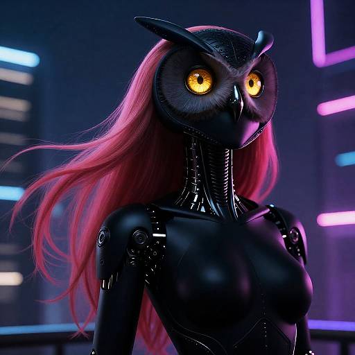 Obsidian Owl-Android in Neon Cityscape